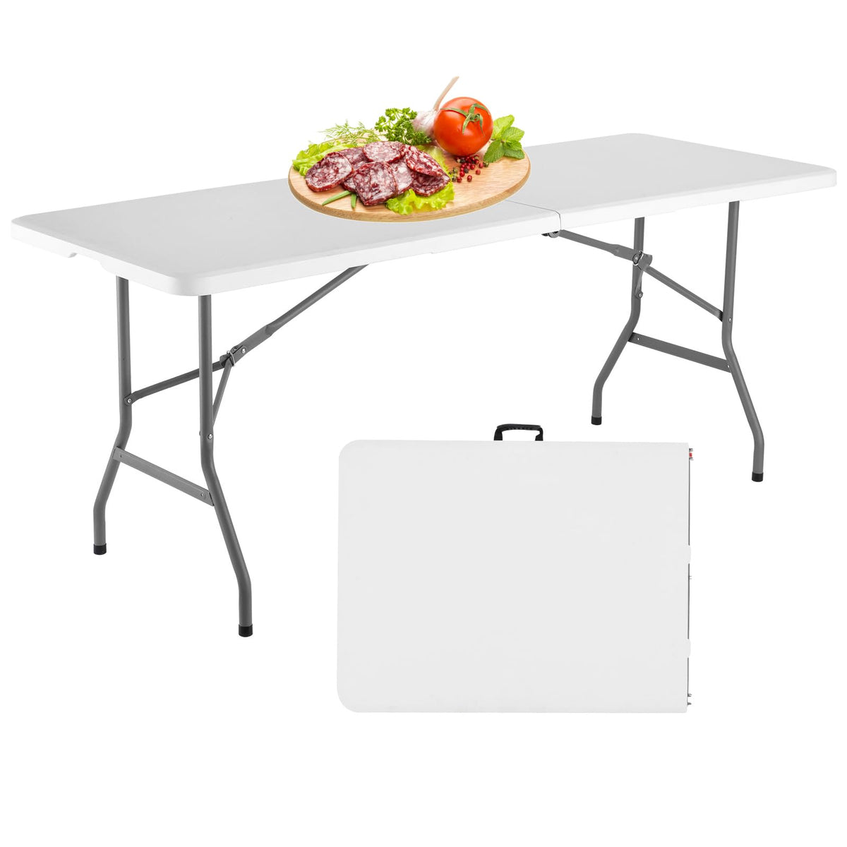6 Foot Foldable White Plastic Table with Carrying Handle H945