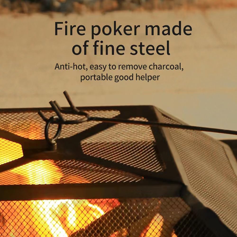 32 Inch Square Metal Wood Burning Fire Pit with Mesh Lid and Poker L7558