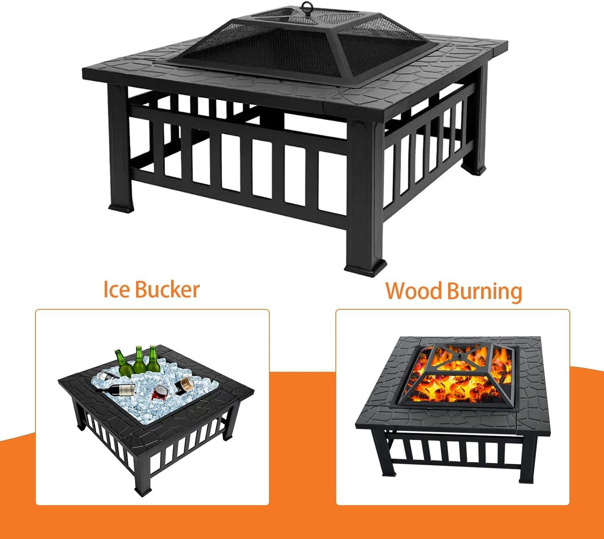 32 Inch Square Metal Wood Burning Fire Pit with Mesh Lid and Poker L7558