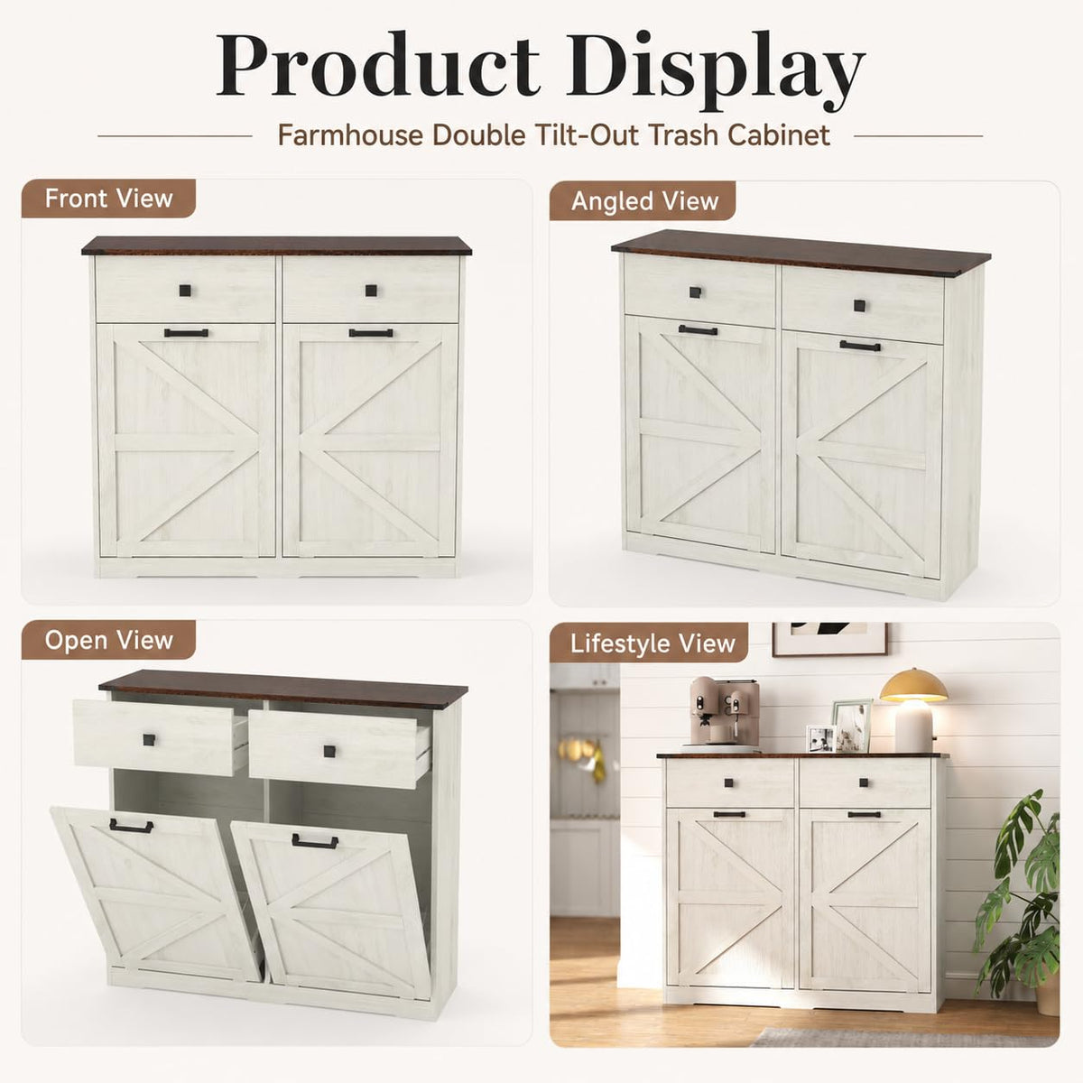 20 Gallon White Wooden Double Tilt Out Trash Can Cabinet with 2 Drawer W492073