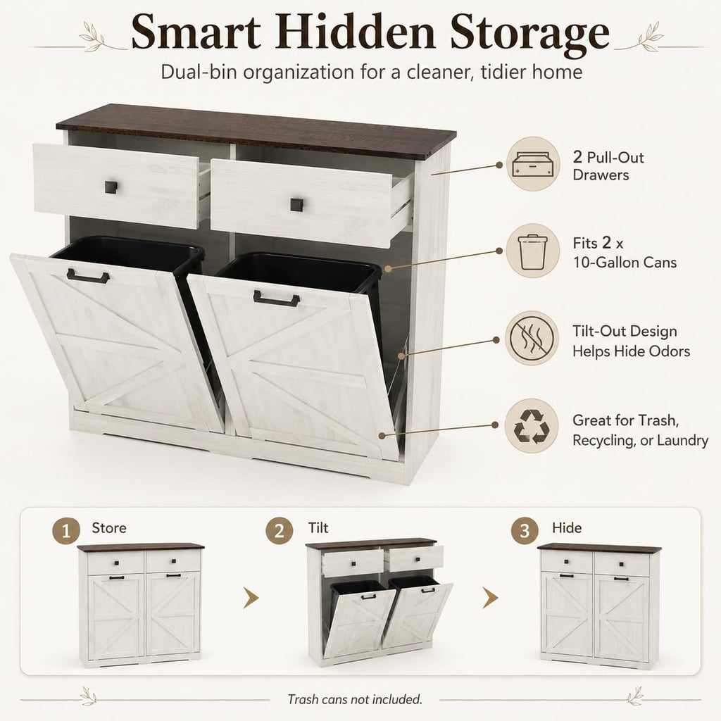 20 Gallon White Wooden Double Tilt Out Trash Can Cabinet with 2 Drawer W492073
