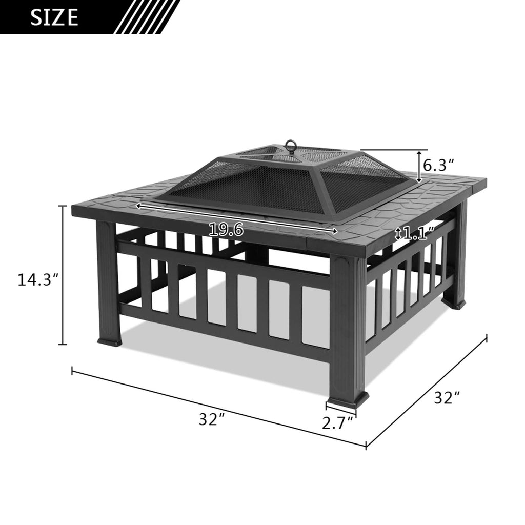32 Inch Square Metal Wood Burning Fire Pit with Mesh Lid and Poker L7558