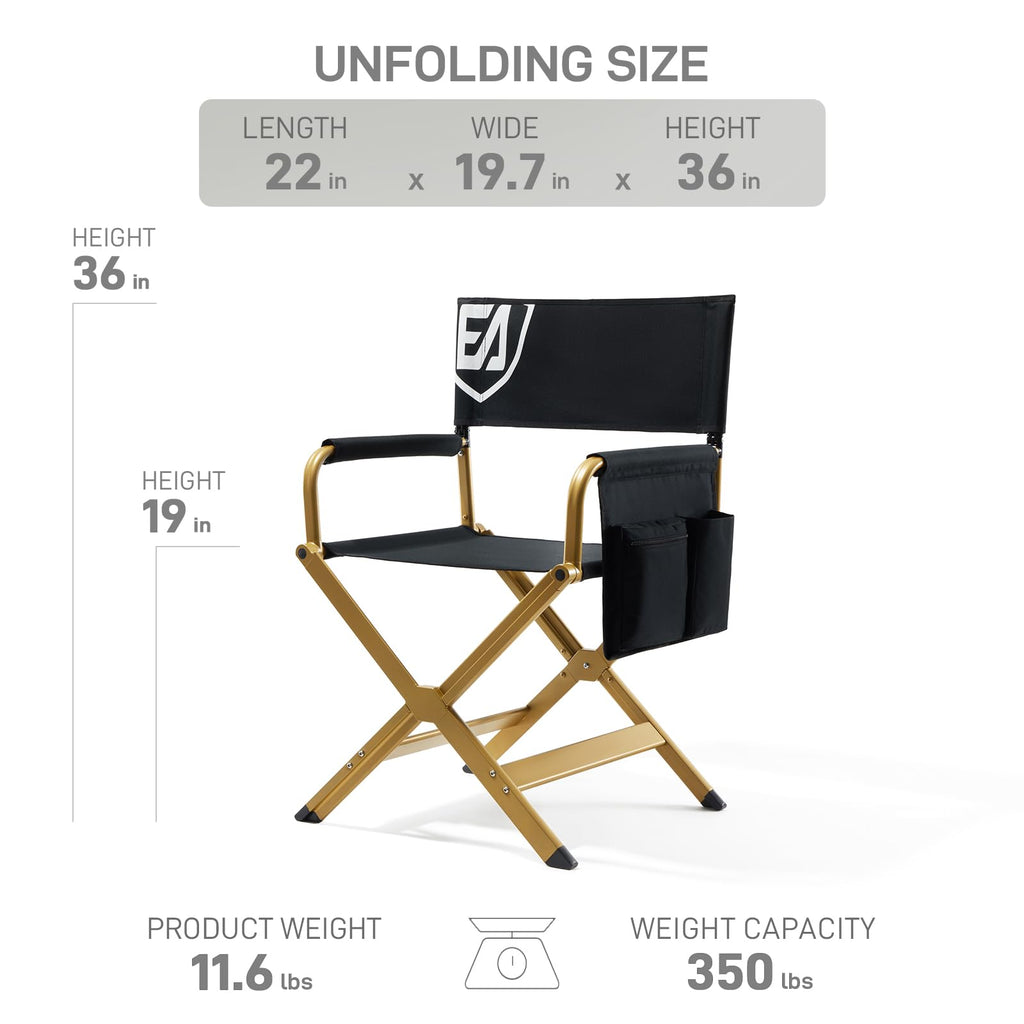Aluminum Folding Directors Chair 19" Seat Height Black Fabric Golden Frame H8445