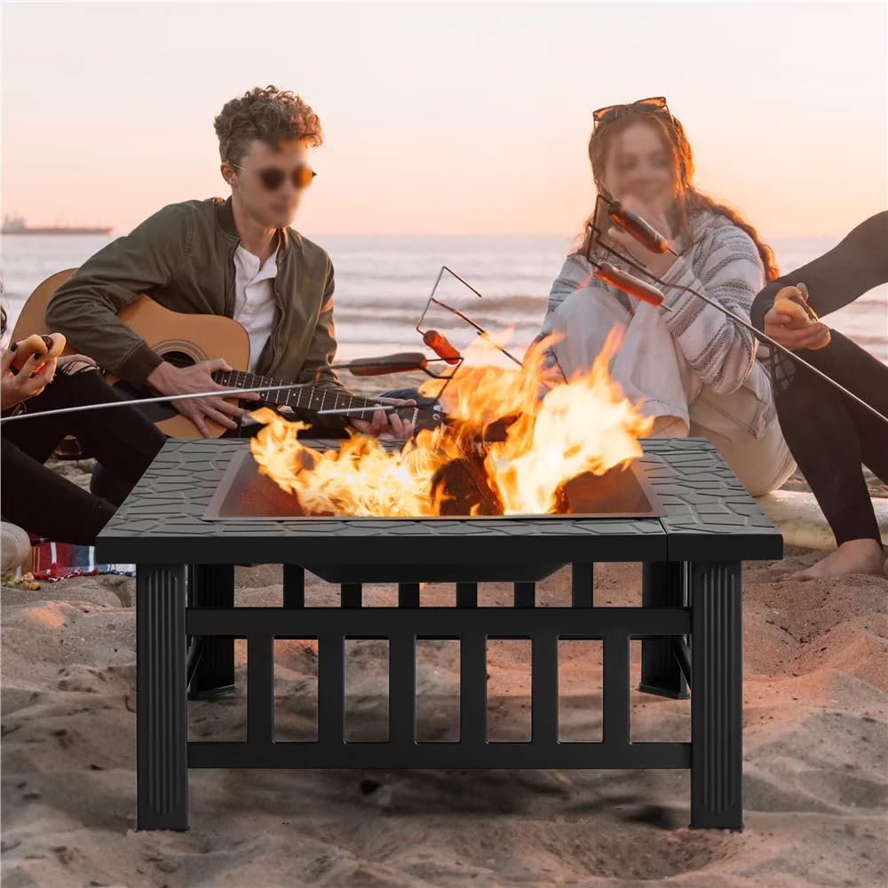 32 Inch Square Metal Wood Burning Fire Pit with Mesh Lid and Poker L7558