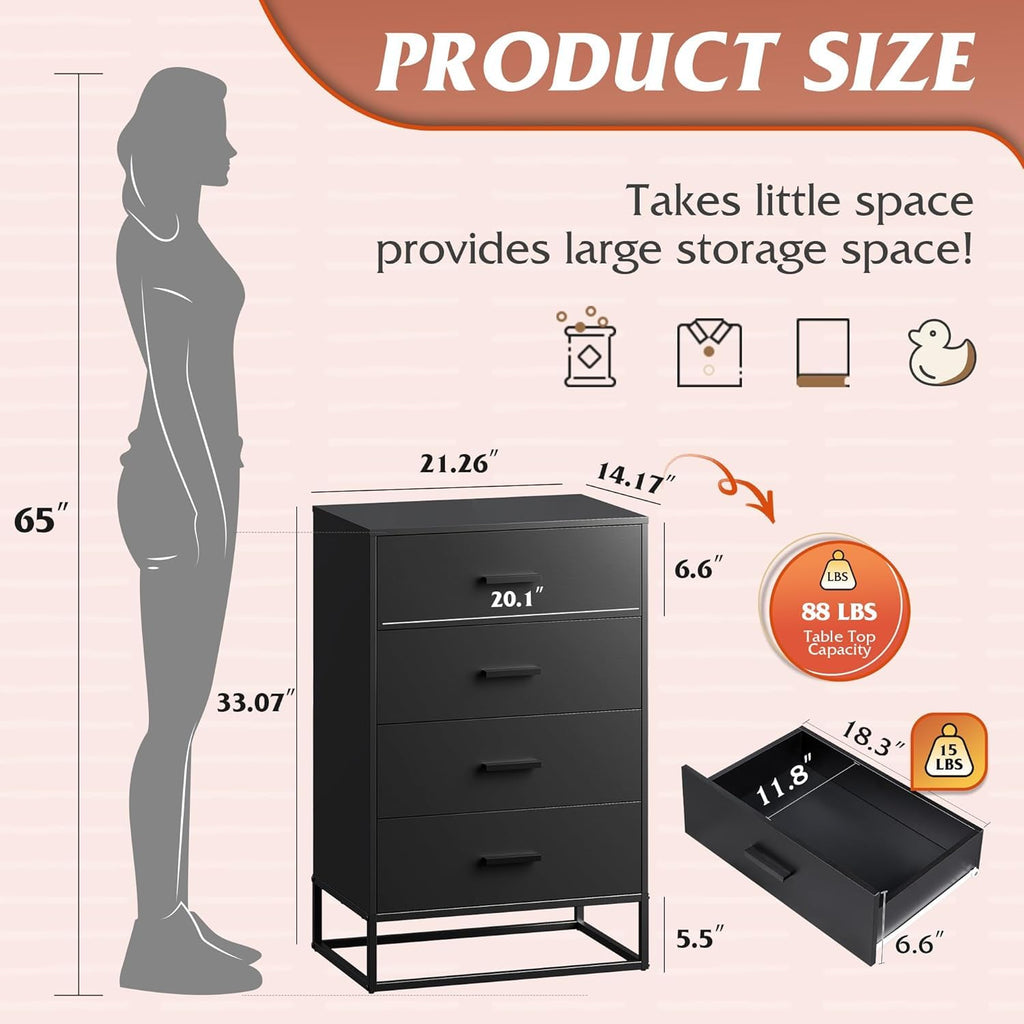 Black 4 Drawer Wooden Dresser Q509