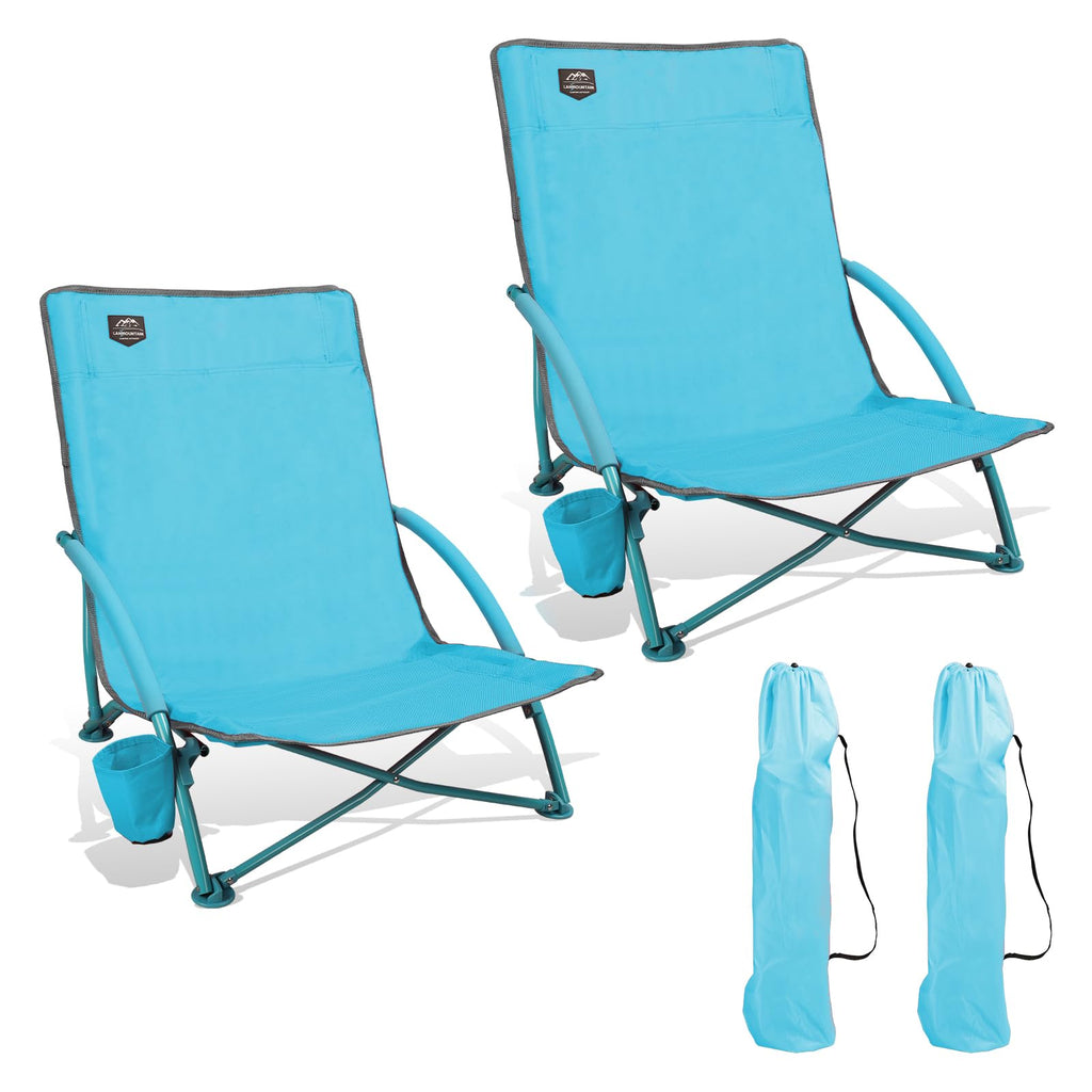 2 Pack Blue Low Beach Chair with Cup Holder and Carry Bag K523