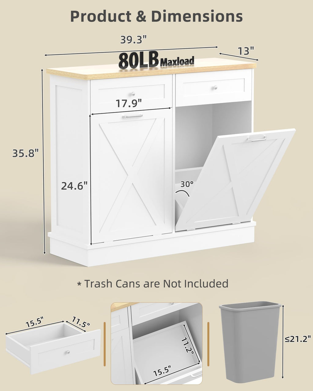 2x10 Gallon Tilt Out Trash Cabinet with Hideaway Drawers, White T654