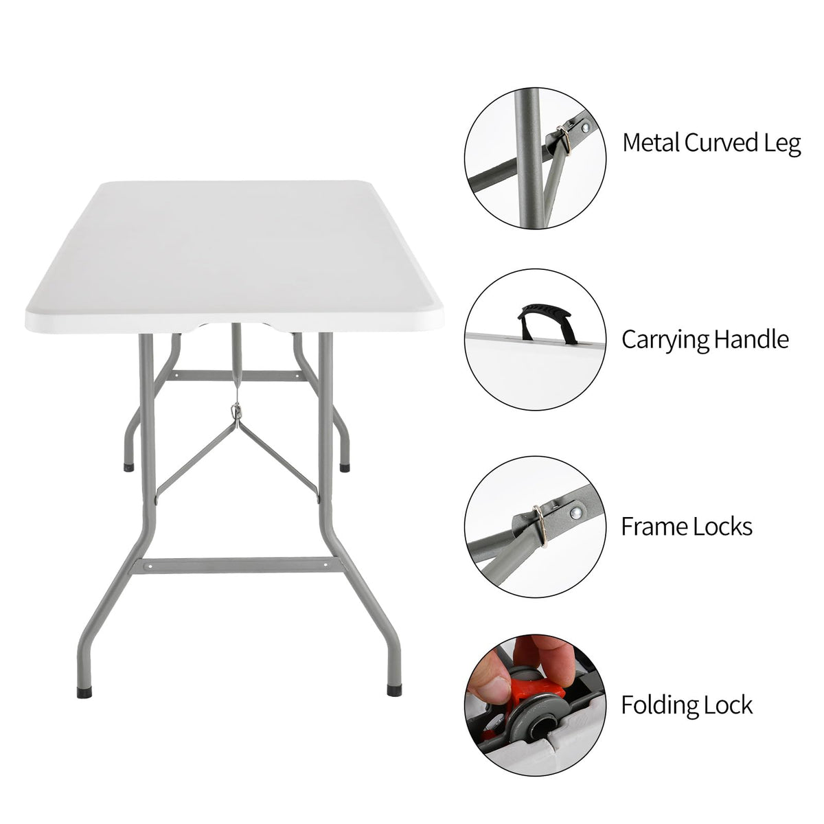 6 Foot Foldable White Plastic Table with Carrying Handle H945