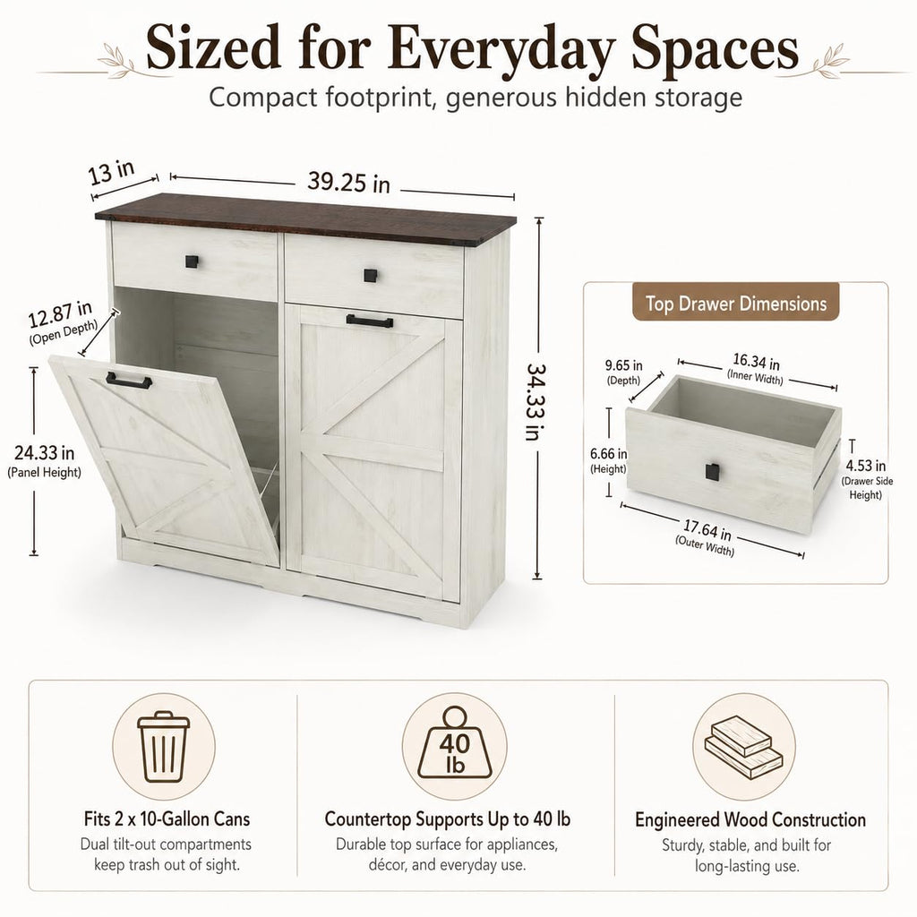 20 Gallon White Wooden Double Tilt Out Trash Can Cabinet with 2 Drawer W492073