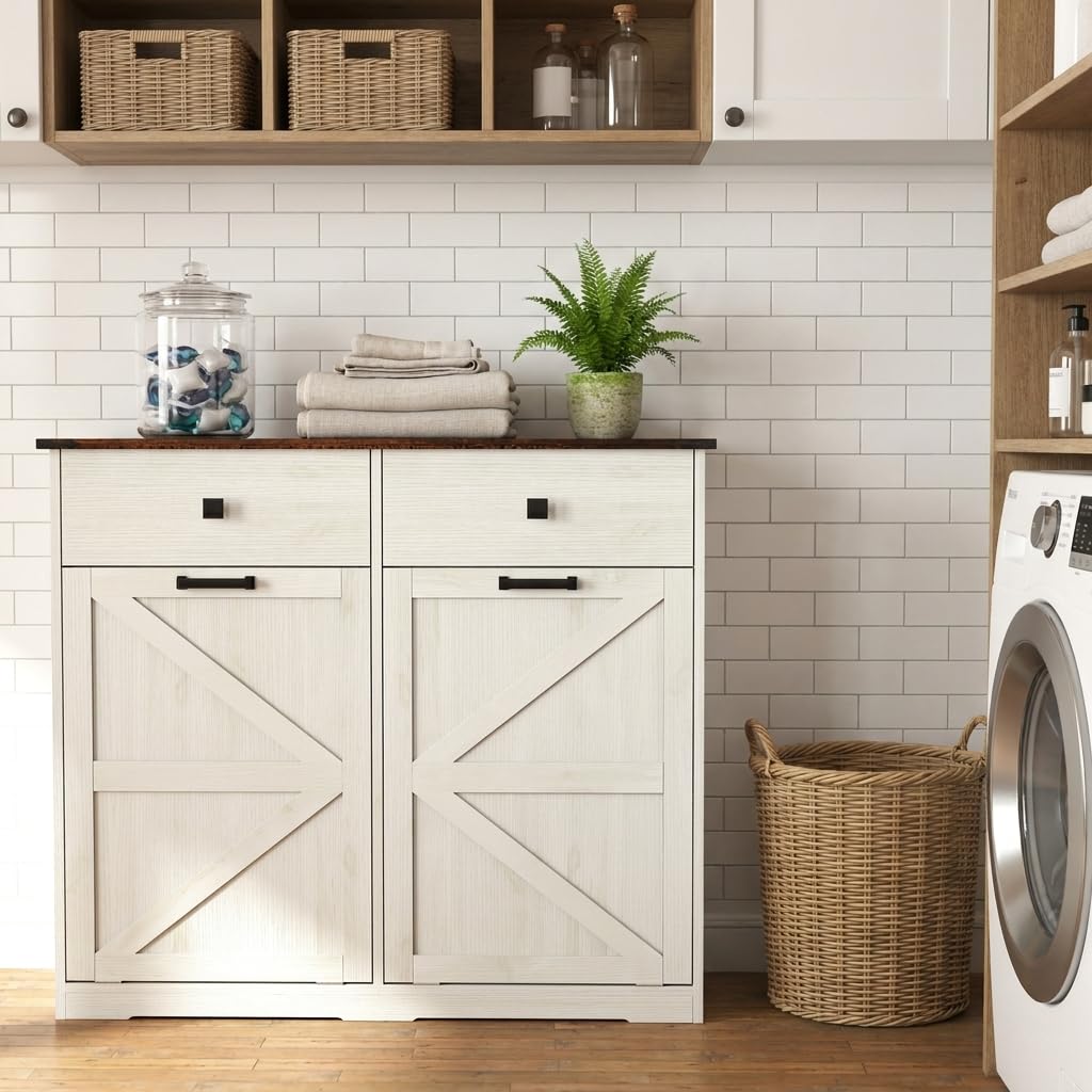 20 Gallon White Wooden Double Tilt Out Trash Can Cabinet with 2 Drawer W492073
