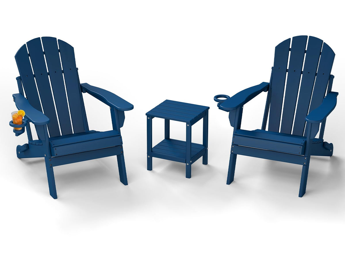 Blue 3-Piece Folding Adirondack Chair Set with Side Table HDPE Q241