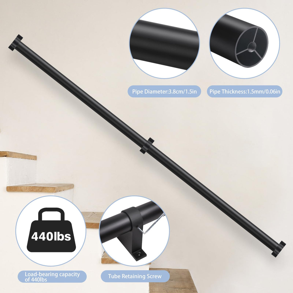 Black Aluminum 1.5" Pipe Stair Handrail 5ft A8338