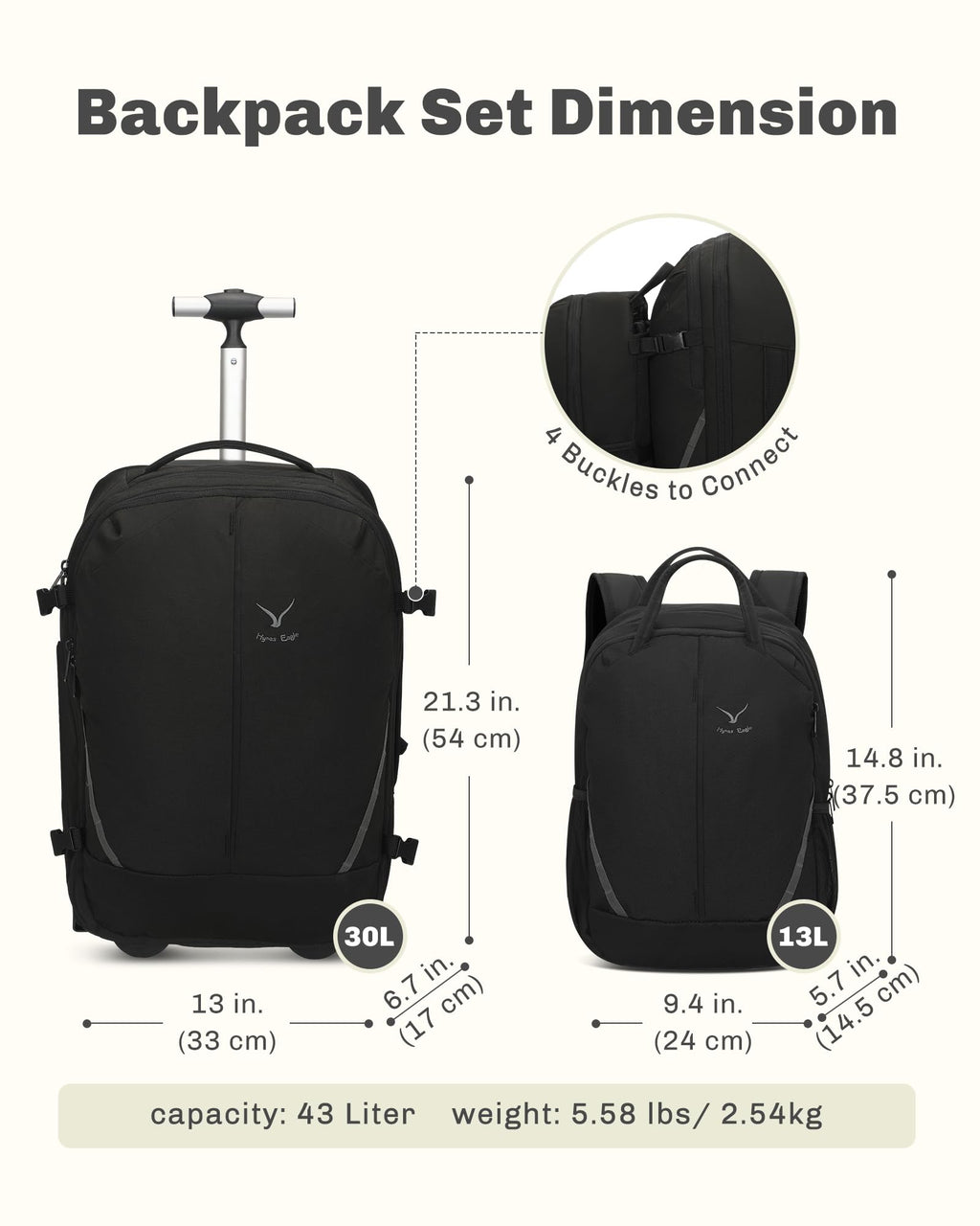Rolling Backpack with Wheels 43L with Waist Pack Beige G170096