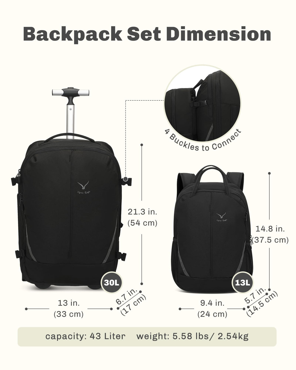 Rolling Backpack with Wheels 43L with Waist Pack Beige G170096