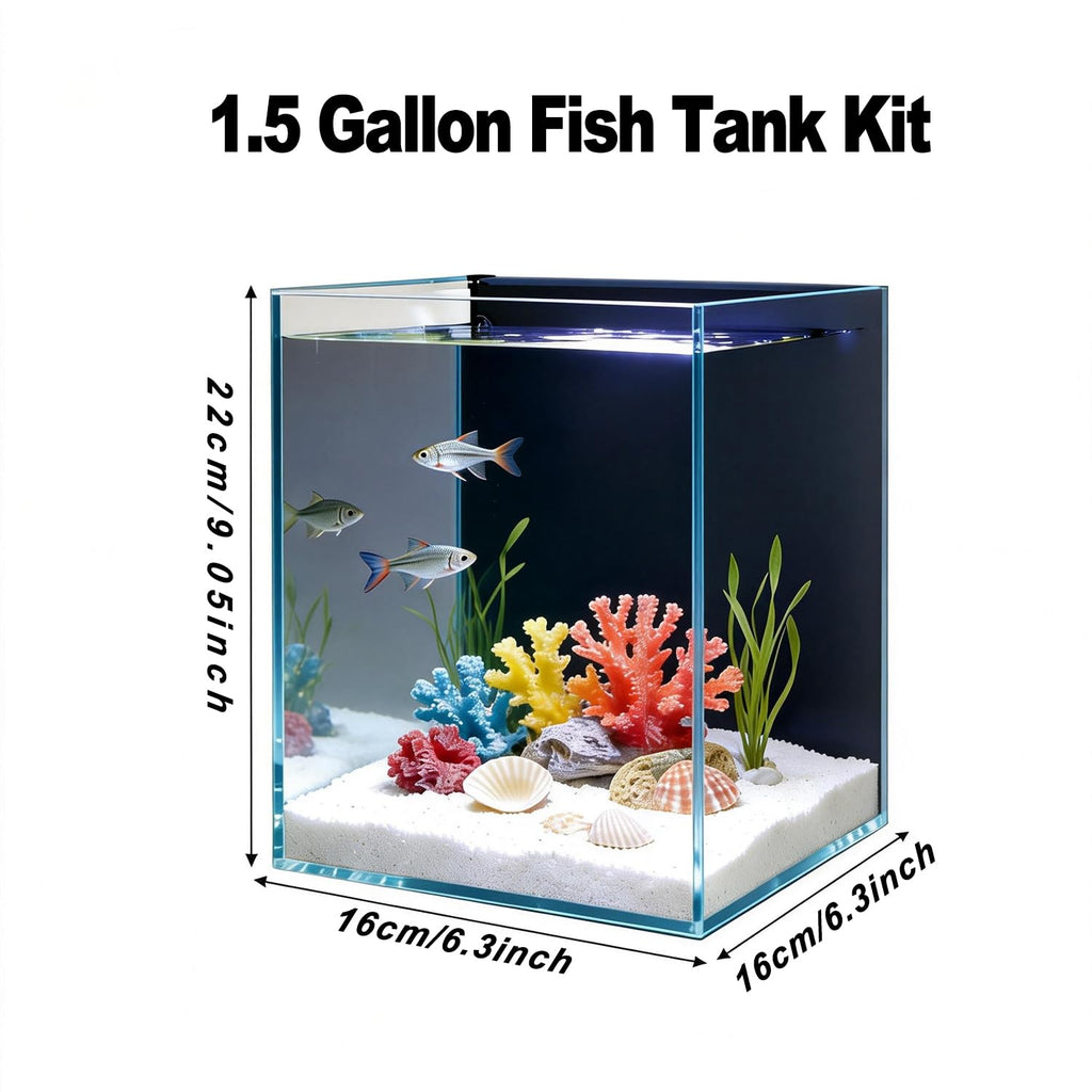 1.5 Gallon Glass Fish Tank Kit with Filter and LED Light R316