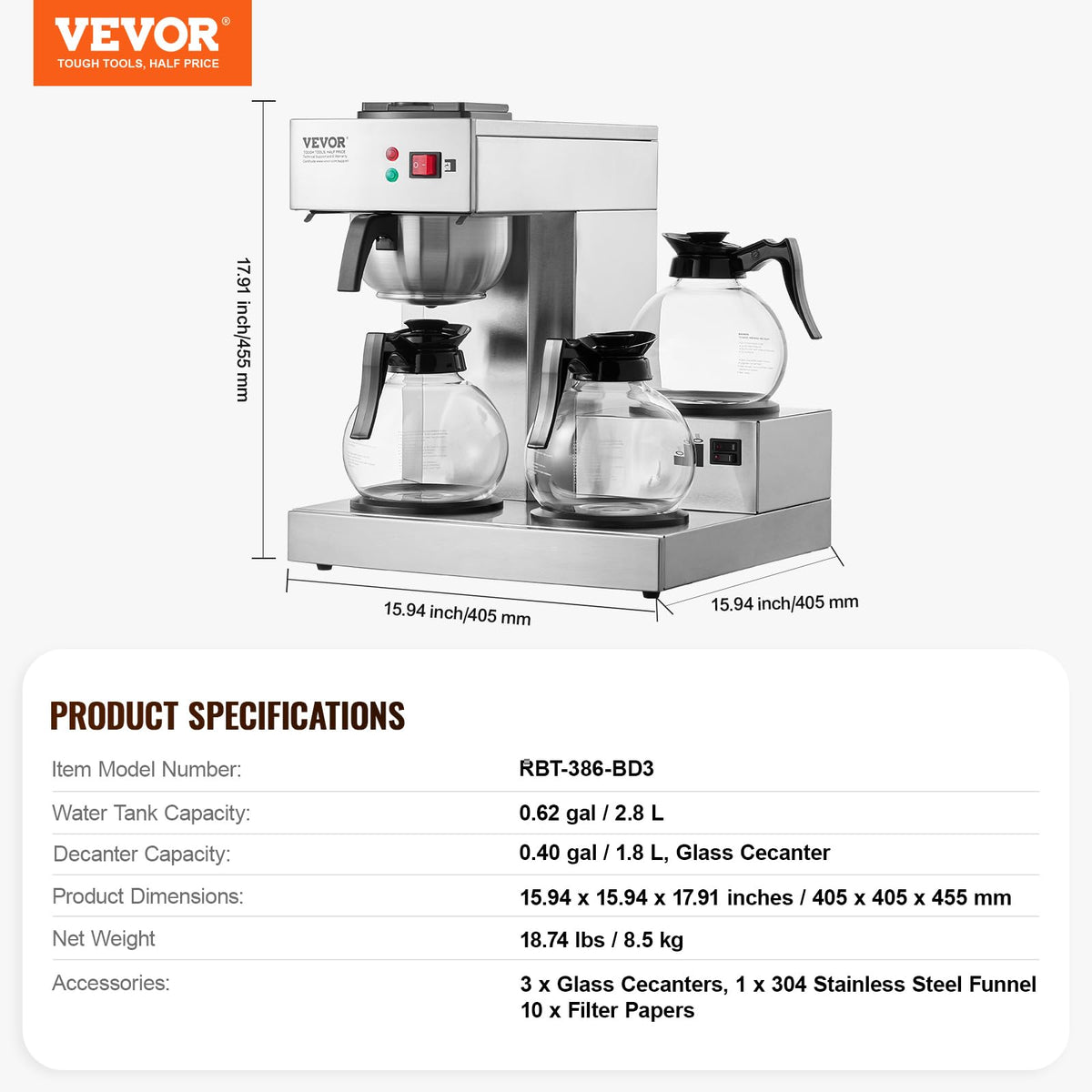 12 Cups Commercial Drip Coffee Maker with 3 Glass Carafes and Warmer Plates R612