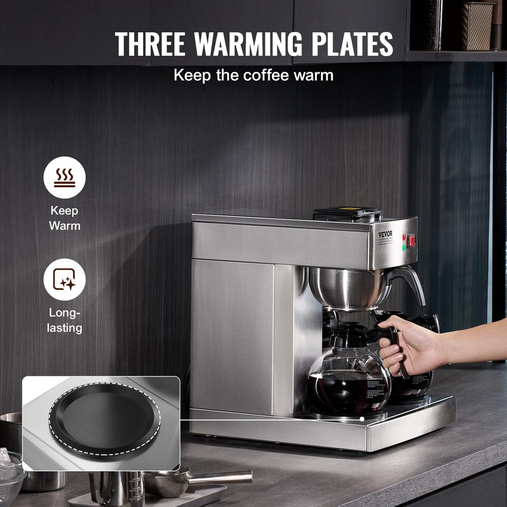 12 Cups Commercial Drip Coffee Maker with 3 Glass Carafes and Warmer Plates R612