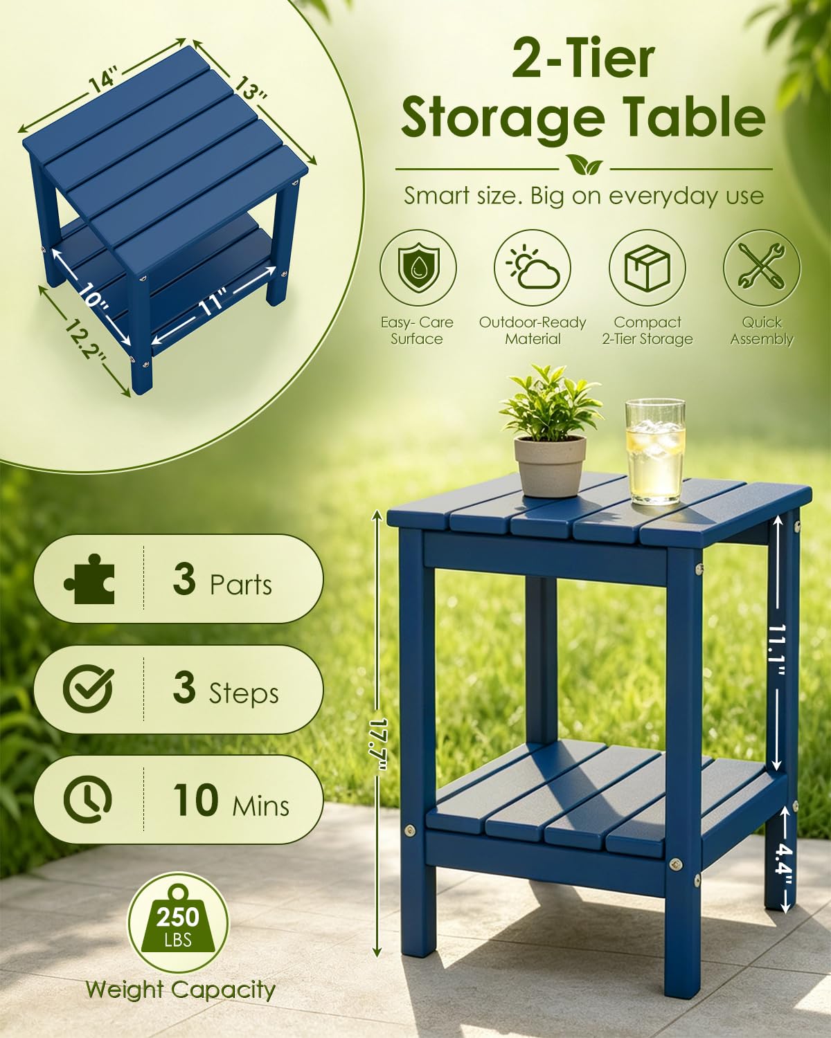 Blue 3-Piece Folding Adirondack Chair Set with Side Table HDPE Q241