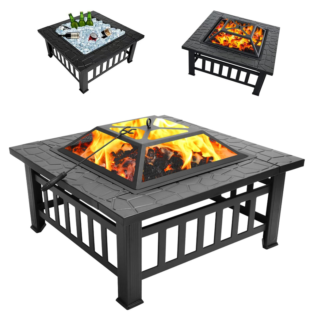 32 Inch Square Metal Wood Burning Fire Pit with Mesh Lid and Poker L7558