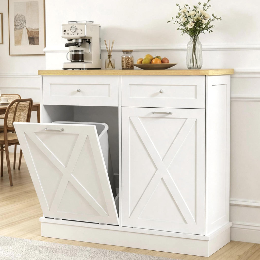 2x10 Gallon Tilt Out Trash Cabinet with Hideaway Drawers, White T654