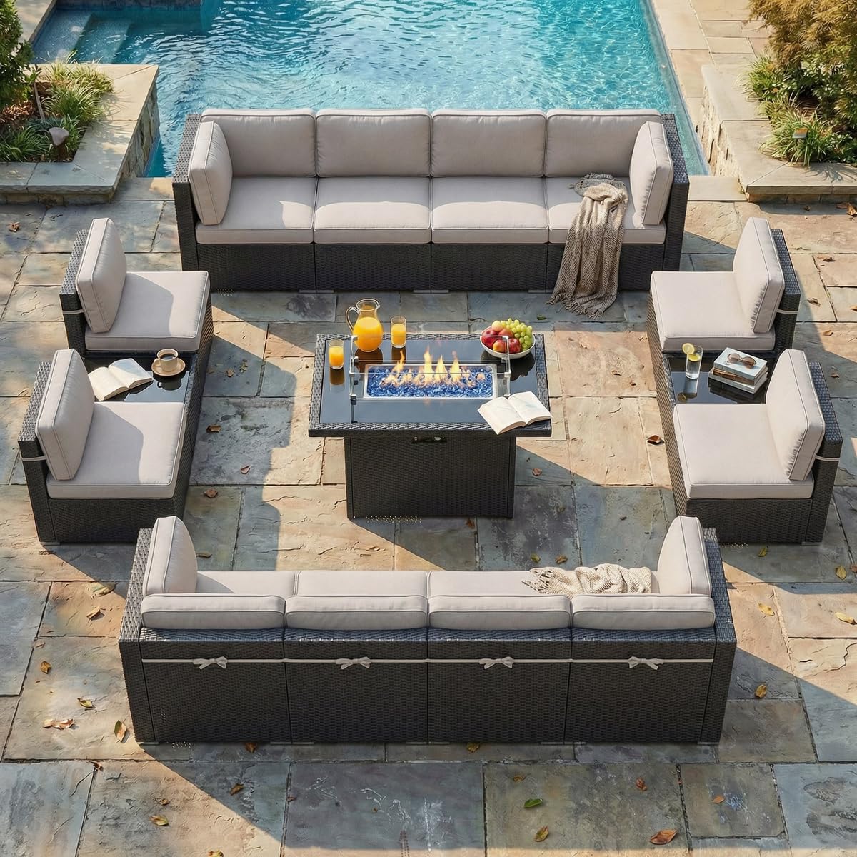 15 Piece Wicker Rattan Patio Furniture Set with Fire Pit Table N8995