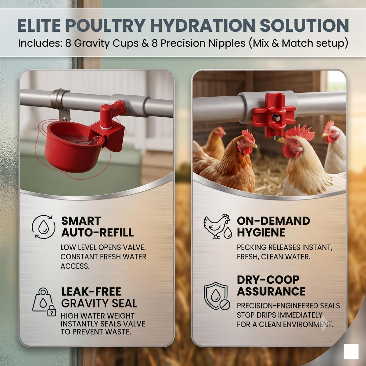 3 Gallon Automatic Chicken Waterer with 8 Cups and 8 Nipples E5850