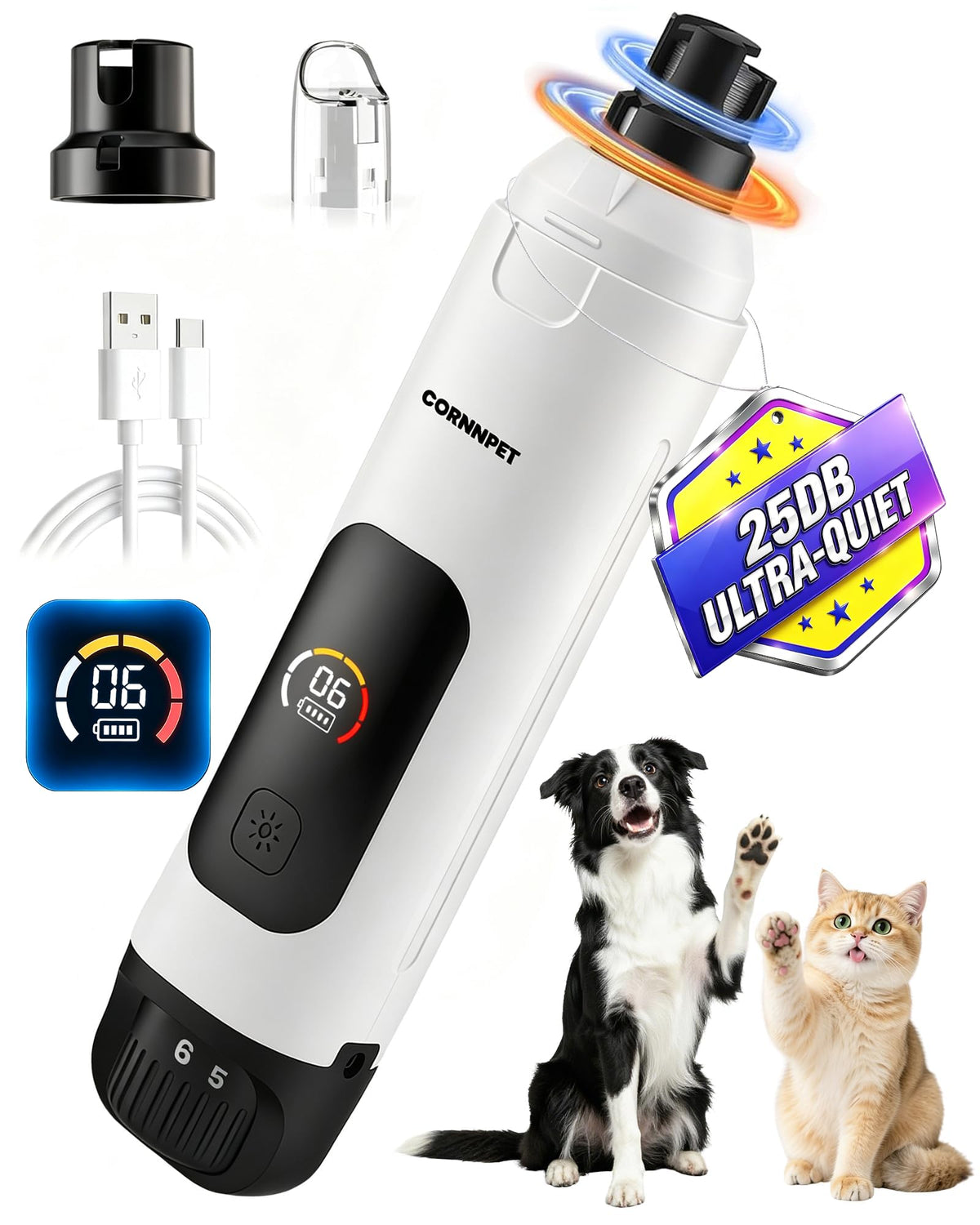Dog Nail Grinder with LCD Display, 25dB Quiet 6-Speed Trimmer J62918