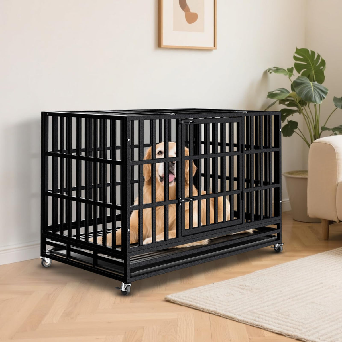 48 Inch Heavy Duty Dog Crate Kennel with Wheels D9857