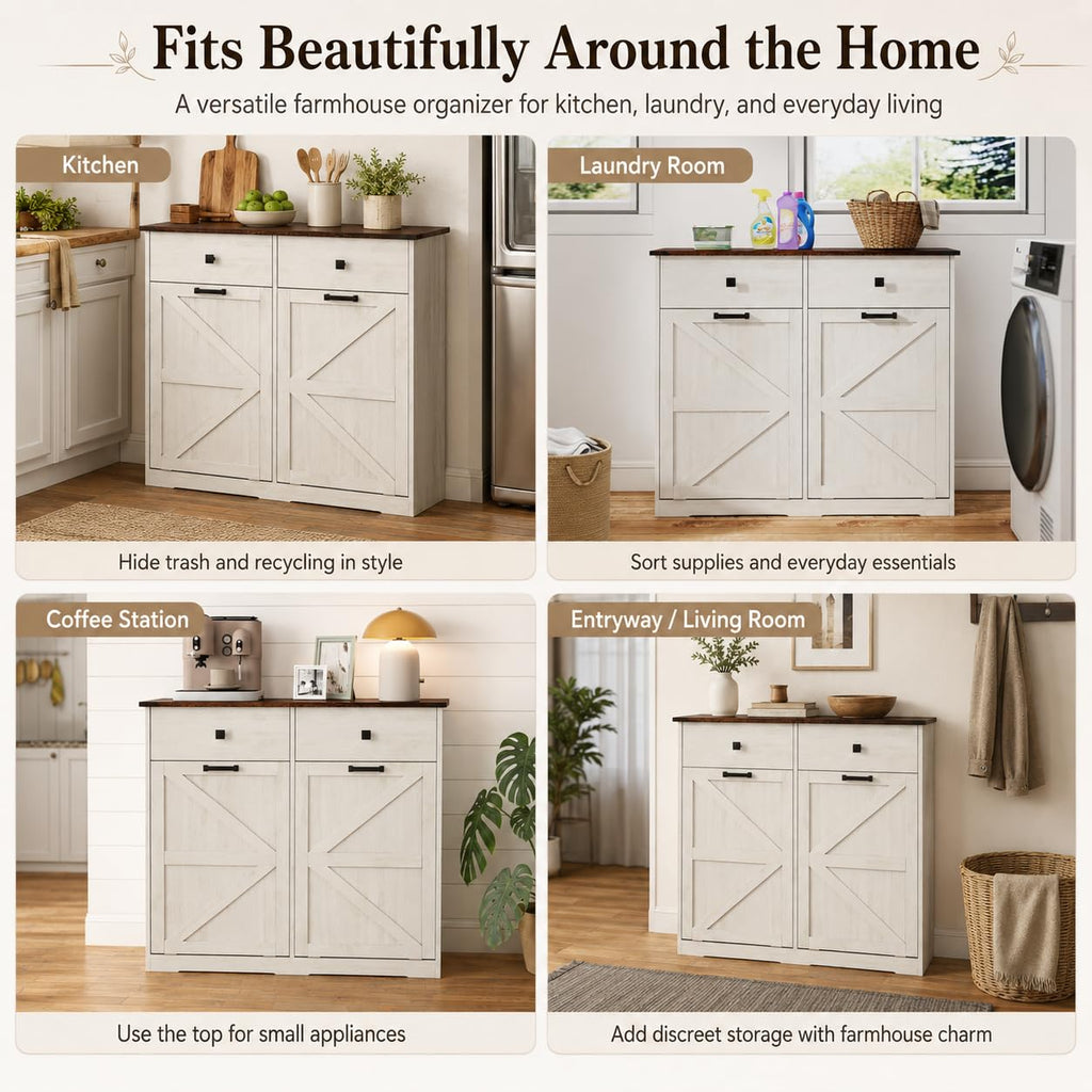 20 Gallon White Wooden Double Tilt Out Trash Can Cabinet with 2 Drawer W492073