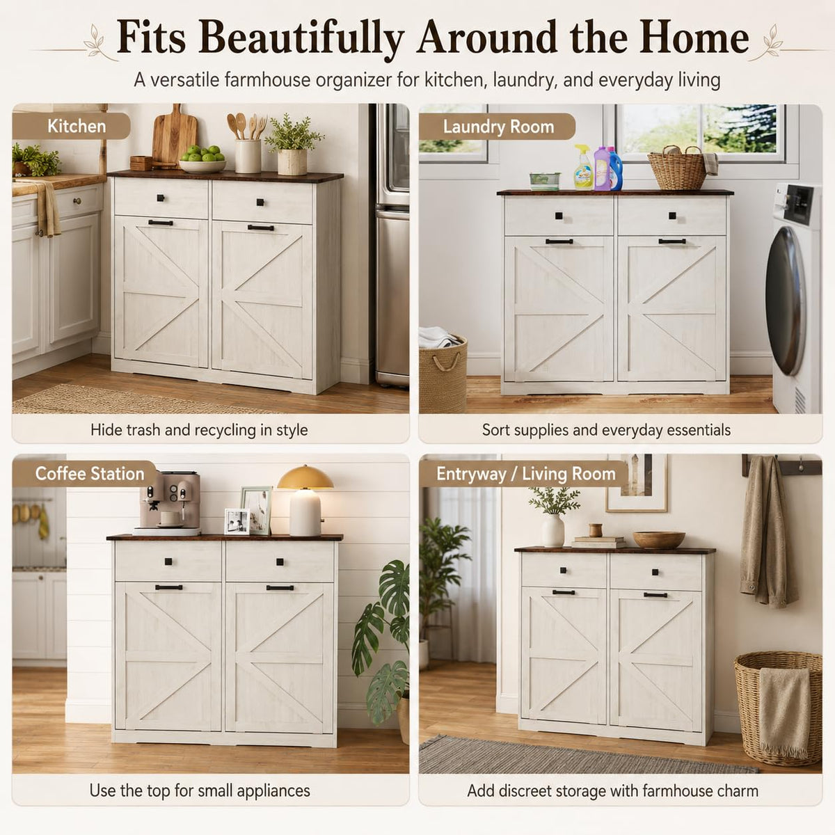 20 Gallon White Wooden Double Tilt Out Trash Can Cabinet with 2 Drawer W492073