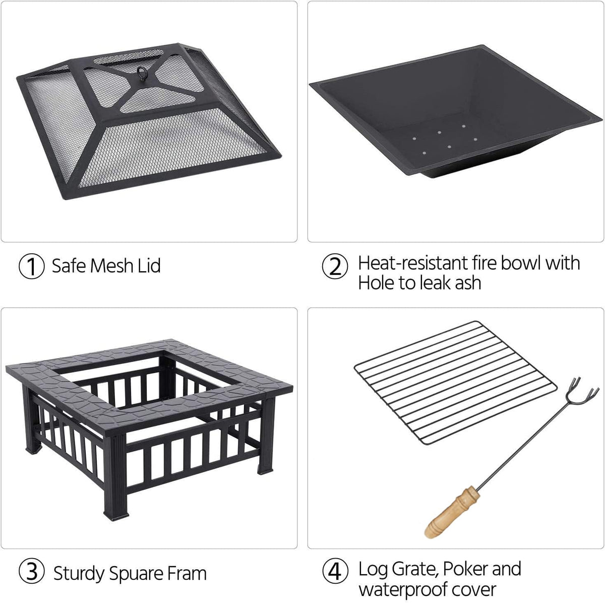 32 Inch Square Metal Wood Burning Fire Pit with Mesh Lid and Poker L7558