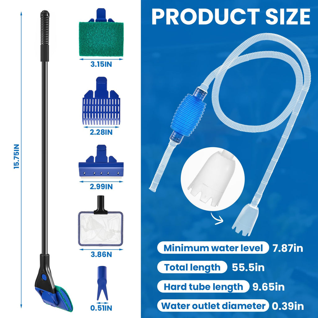Aquarium Fish Tank Cleaning Tool Kit 4 Pcs Long Aquascape Tools Magnetic Glass Cleaner Brush 5 in 1 Gravel Cleaner and Siphon Vacuum S707128