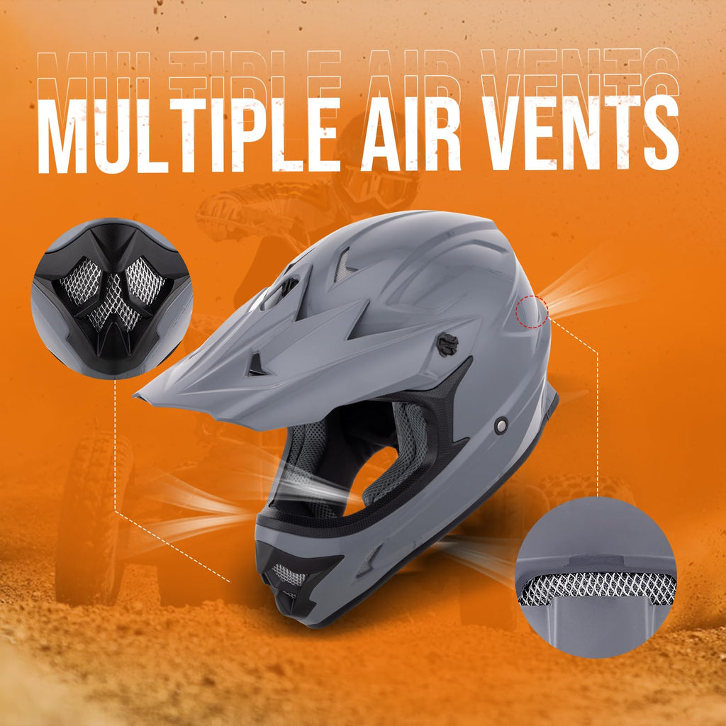 Adult ATV Dirt Bike Helmet with Goggles Gloves & Mask Adjustable Sun Visor Motorcycle Off-Road Motocross Downhill Moped MX Gray L J564
