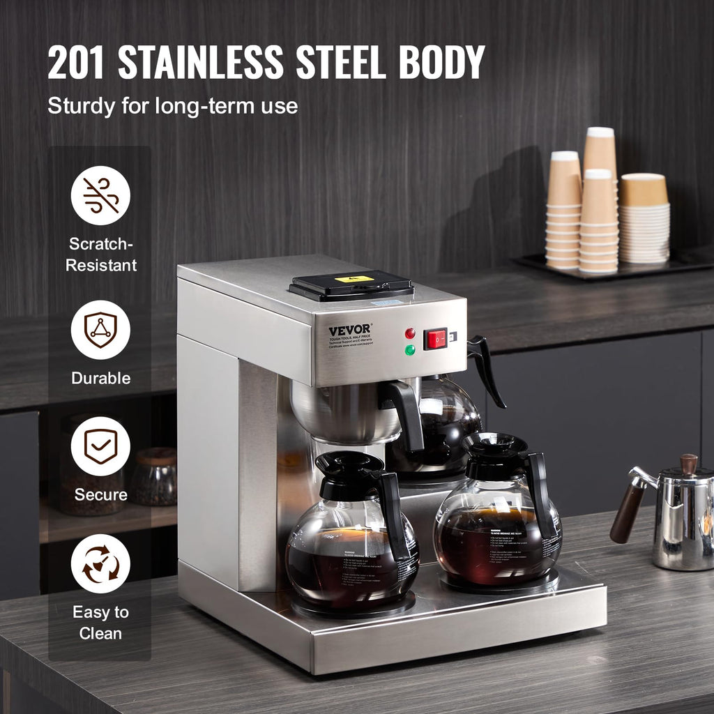 12 Cups Commercial Drip Coffee Maker with 3 Glass Carafes and Warmer Plates R612