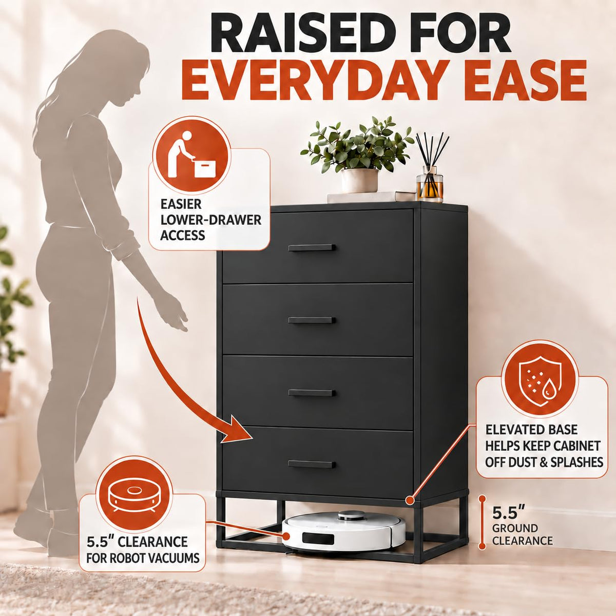 Black 4 Drawer Wooden Dresser Q509