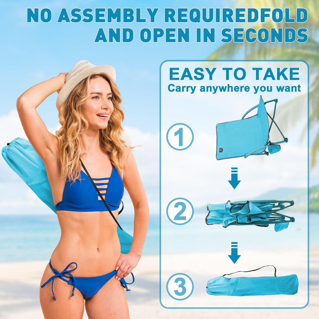 2 Pack Blue Low Beach Chair with Cup Holder and Carry Bag K523