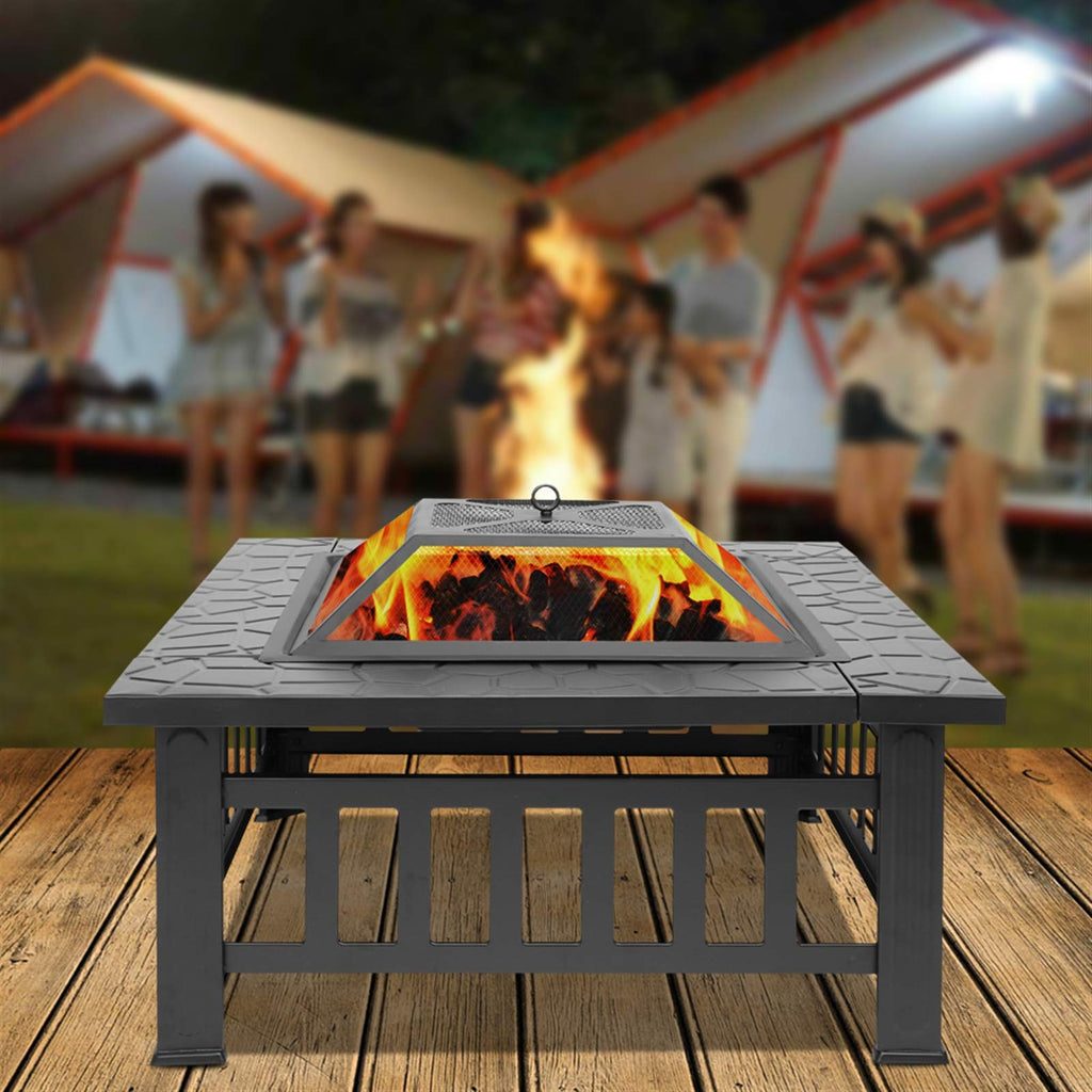 32 Inch Square Metal Wood Burning Fire Pit with Mesh Lid and Poker L7558
