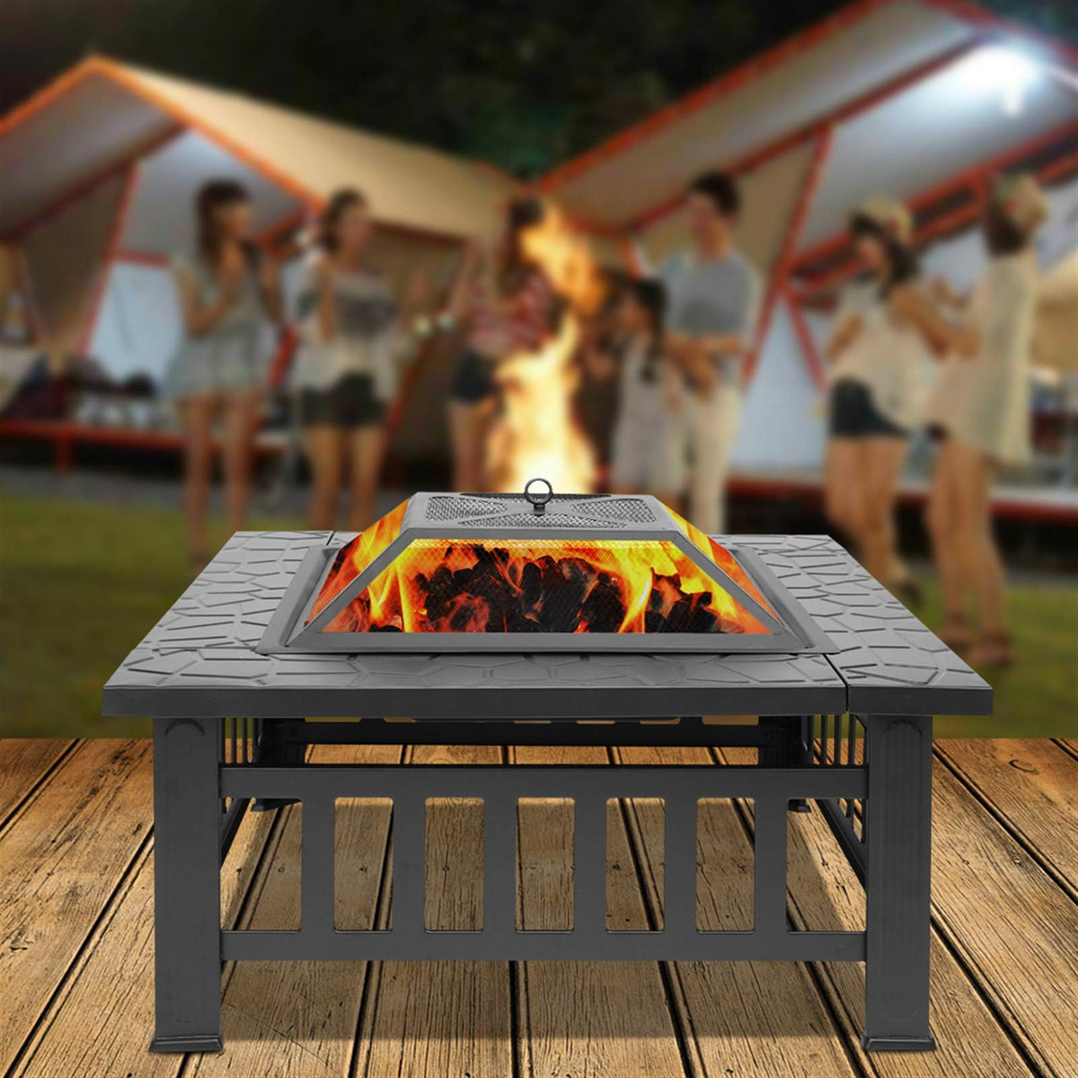 32 Inch Square Metal Wood Burning Fire Pit with Mesh Lid and Poker L7558