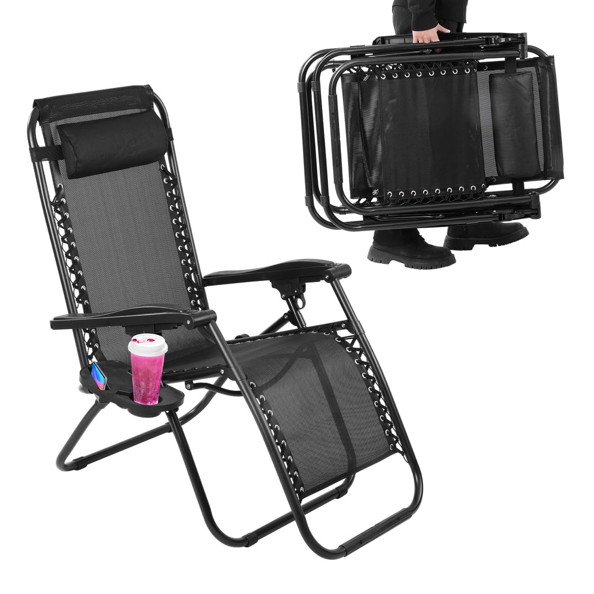 Black Adjustable Steel Mesh Zero Gravity Lounge Chair with Pillow and Cup Holder G701916