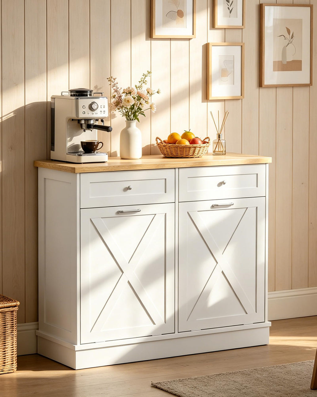 2x10 Gallon Tilt Out Trash Cabinet with Hideaway Drawers, White T654