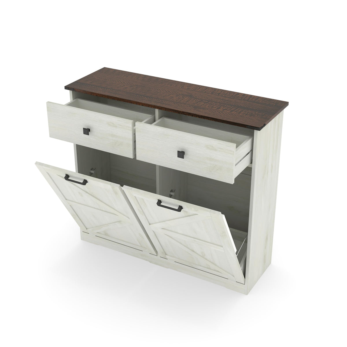 20 Gallon White Wooden Double Tilt Out Trash Can Cabinet with 2 Drawer W492073