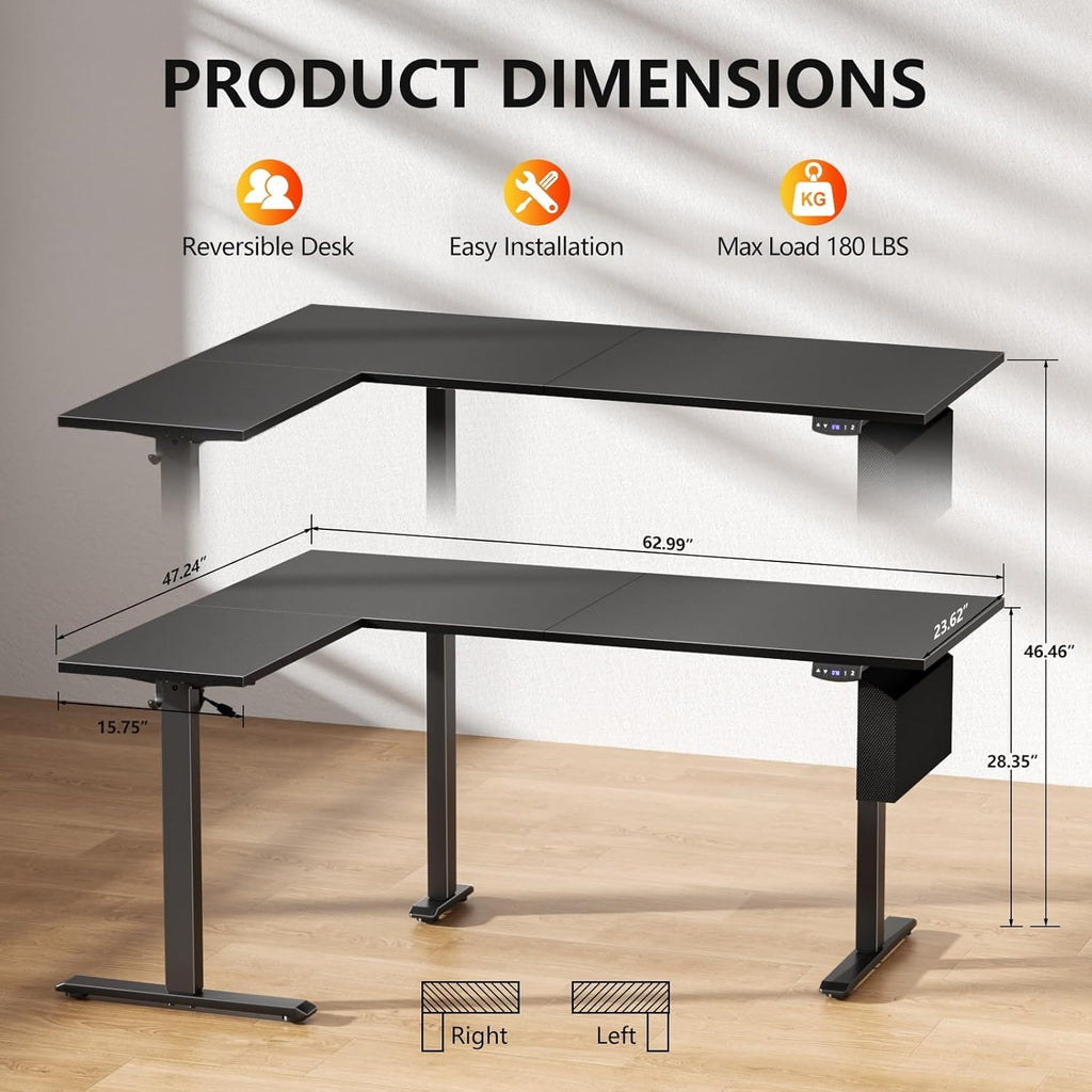 63" L Shaped Height Adjustable Standing Desk M7695