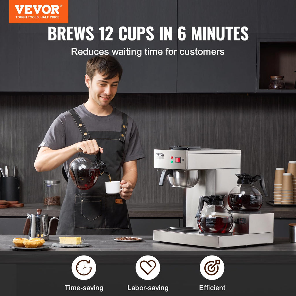 12 Cups Commercial Drip Coffee Maker with 3 Glass Carafes and Warmer Plates R612