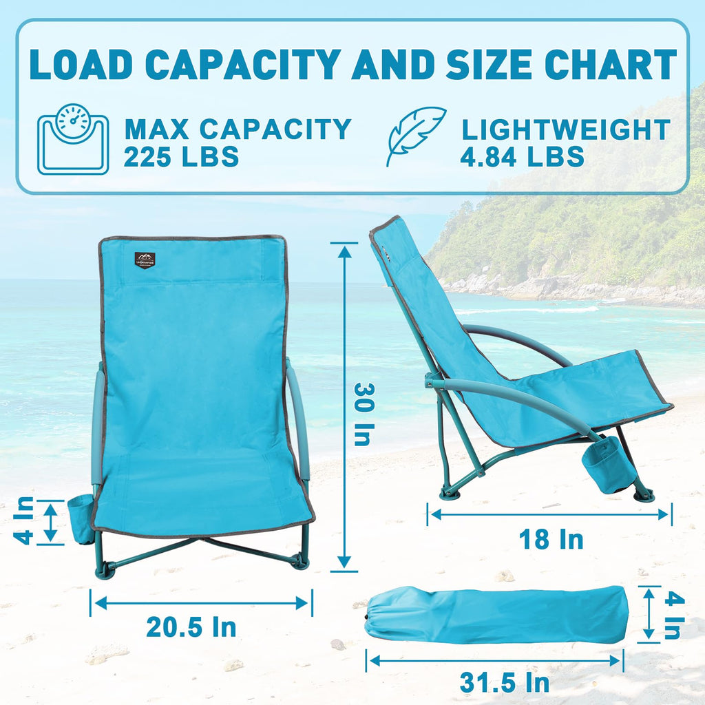2 Pack Blue Low Beach Chair with Cup Holder and Carry Bag K523