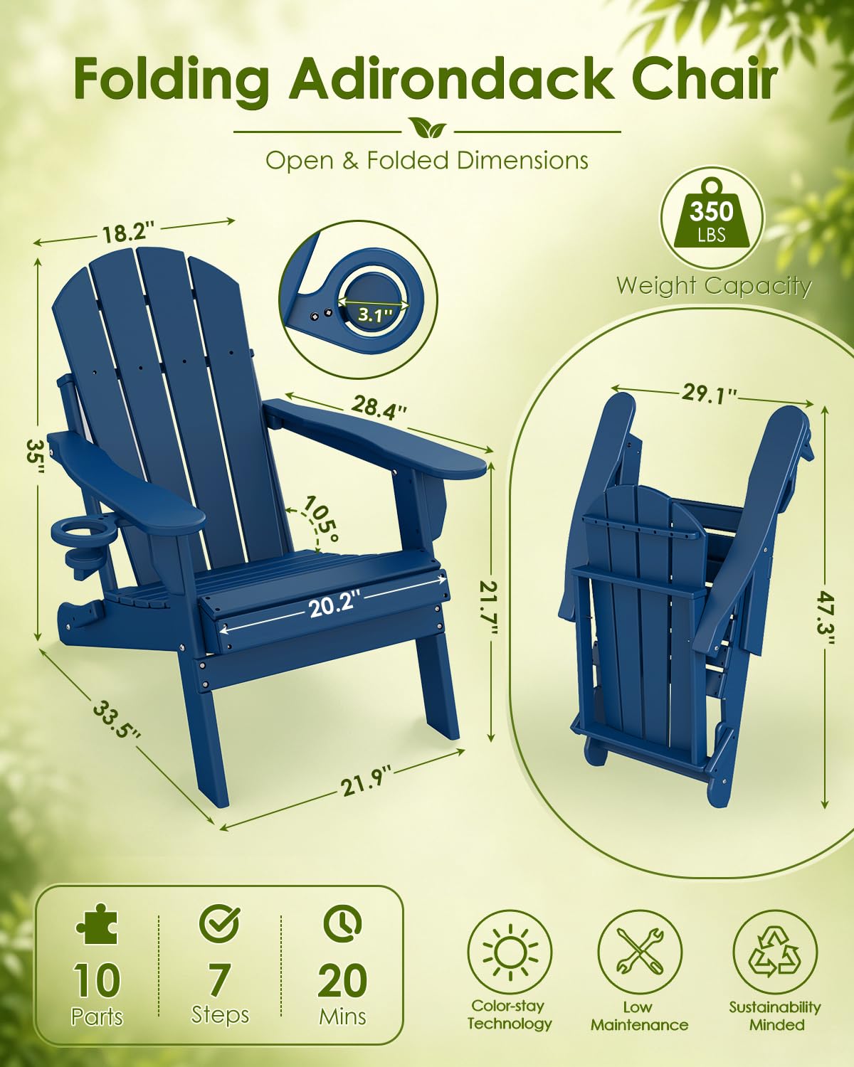 Blue 3-Piece Folding Adirondack Chair Set with Side Table HDPE Q241