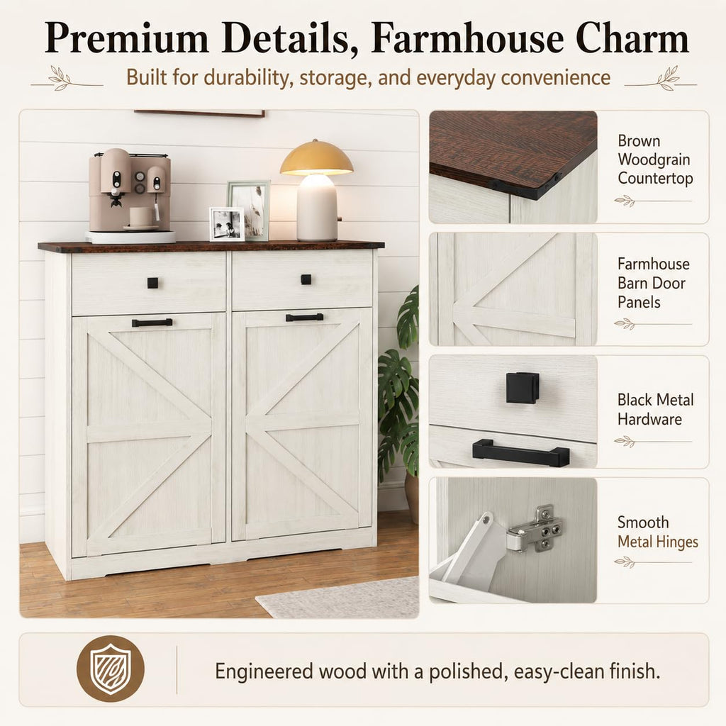 20 Gallon White Wooden Double Tilt Out Trash Can Cabinet with 2 Drawer W492073