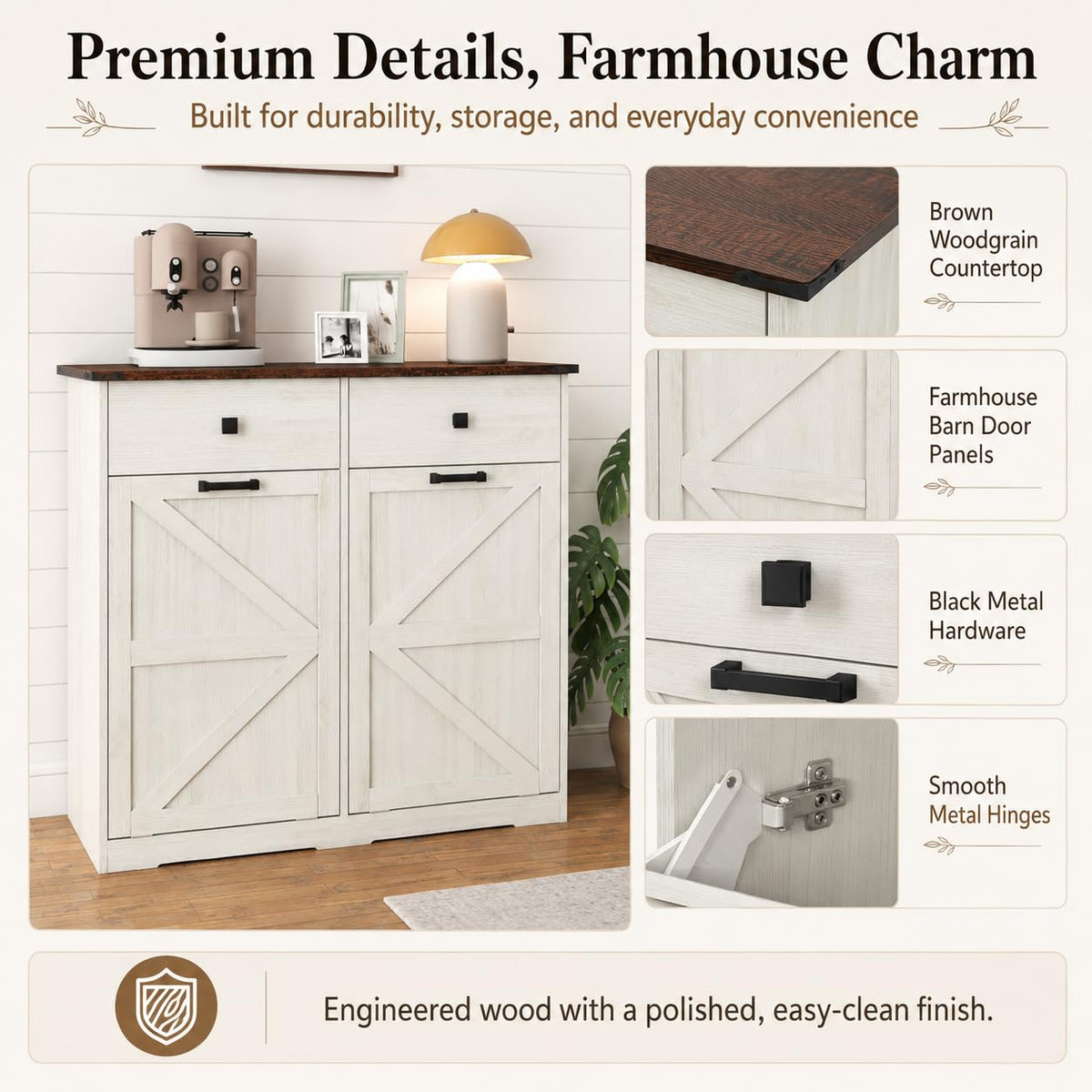 20 Gallon White Wooden Double Tilt Out Trash Can Cabinet with 2 Drawer W492073