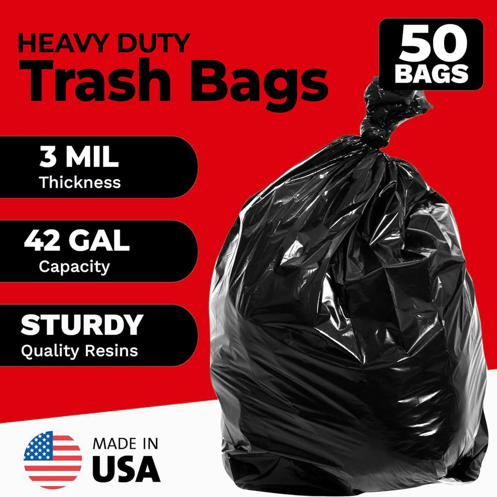 42 Gallon Heavy Duty Black 3 Mil Trash Bags, 50 Count L45885