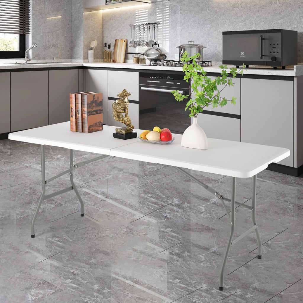 6 Foot Foldable White Plastic Table with Carrying Handle H945