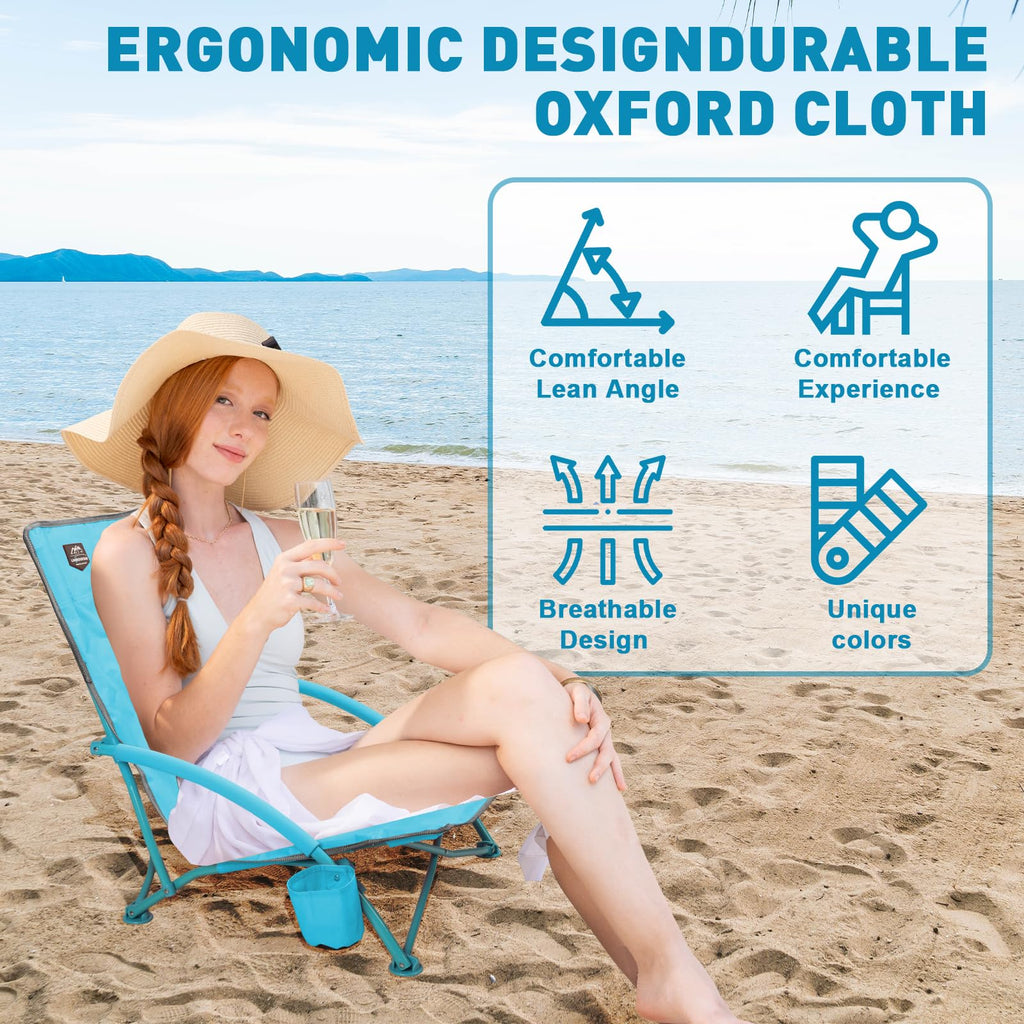 2 Pack Blue Low Beach Chair with Cup Holder and Carry Bag K523